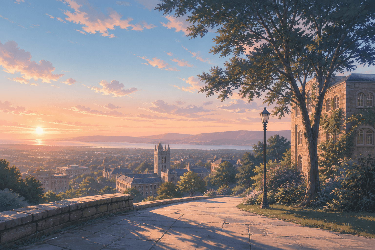 Painted peach dawn over a quiet campus ridge