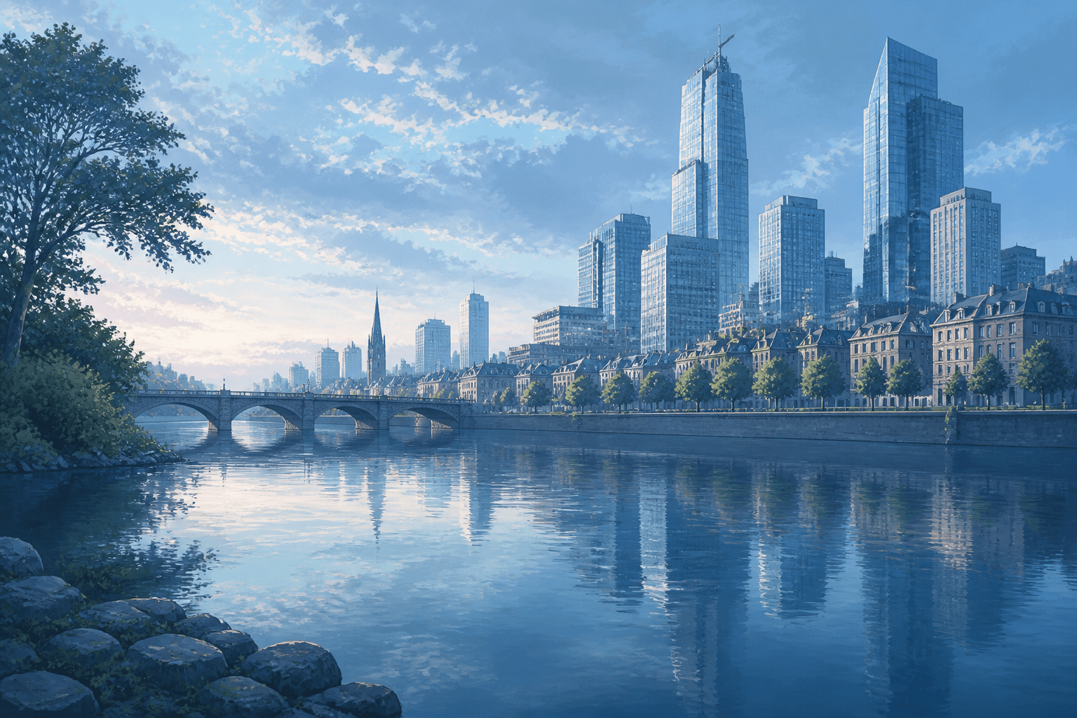 Painted cool morning river through a city