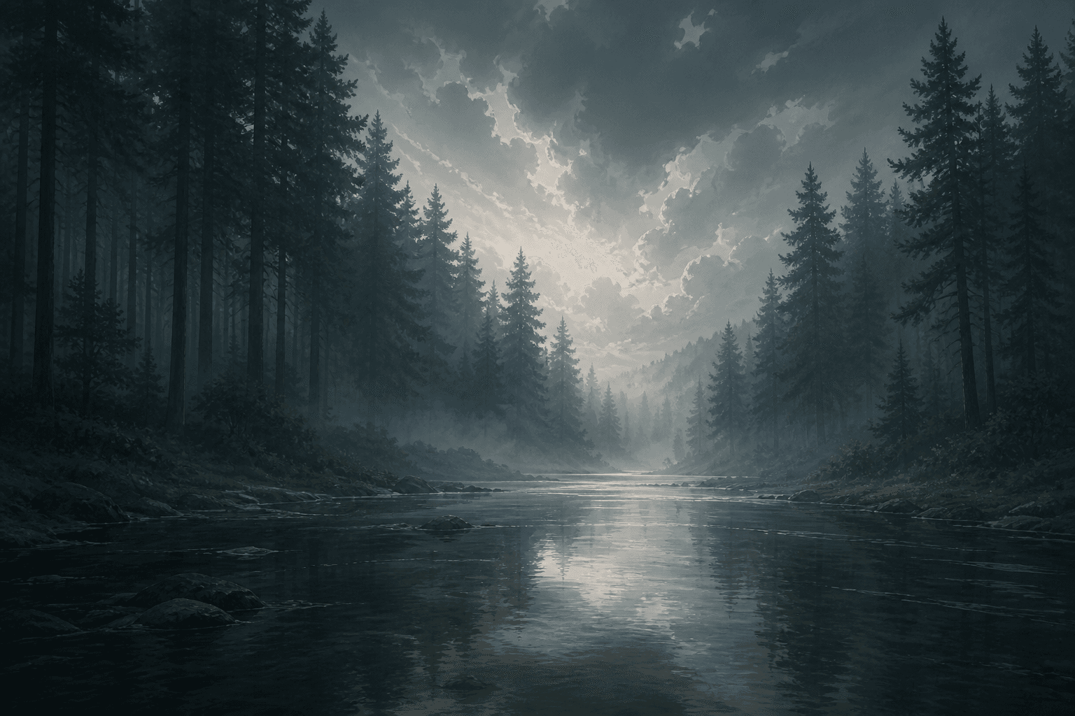 Painted misty pine forest and river