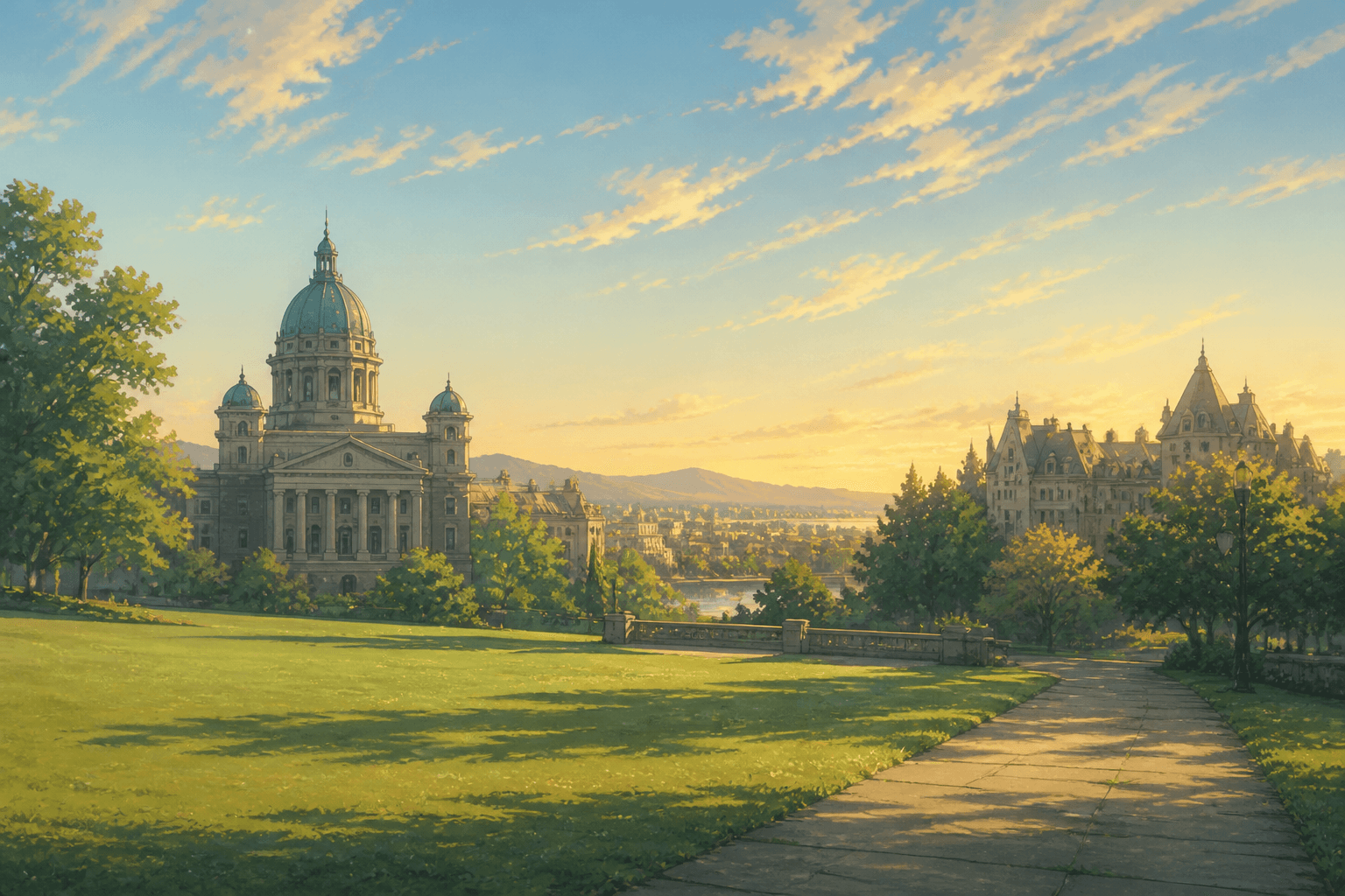 Painted late afternoon lawn and distant civic buildings