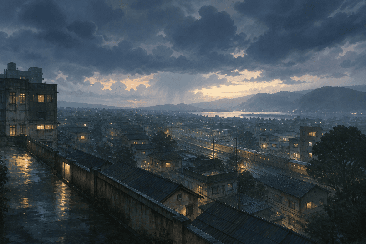 Painted monsoon city rooftops at dusk