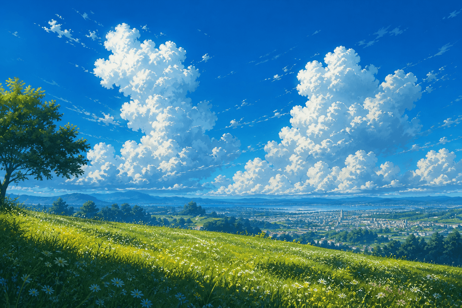 Painted daylight meadow under tall white clouds
