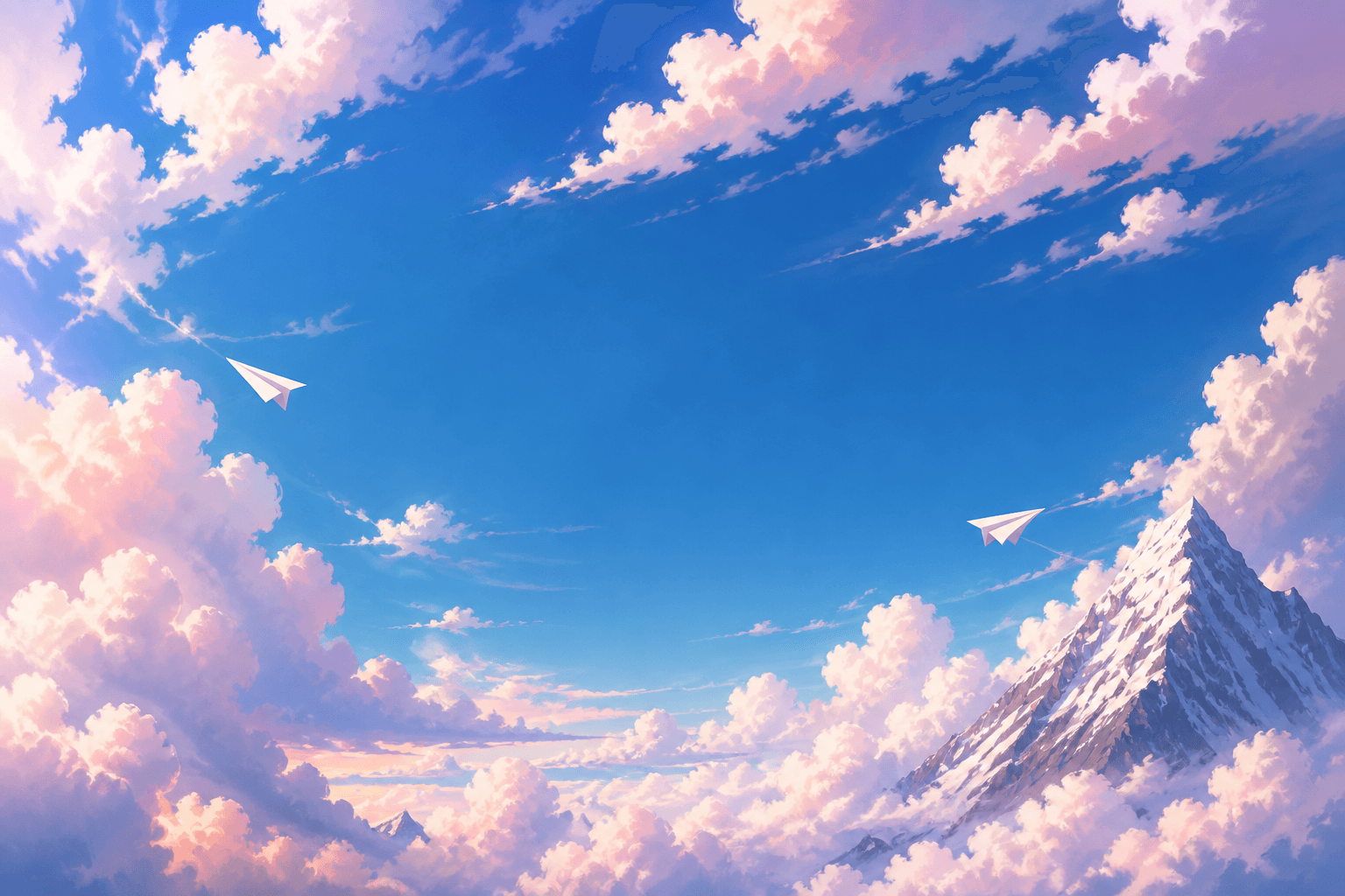 Painted morning sky with paper airplanes over a mountain ridge